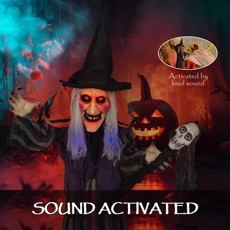 160cm Lifelike Moving Witch Decoration - Realistic Halloween Prop for Spooky Home Decor - Multi-Function Animated Figure