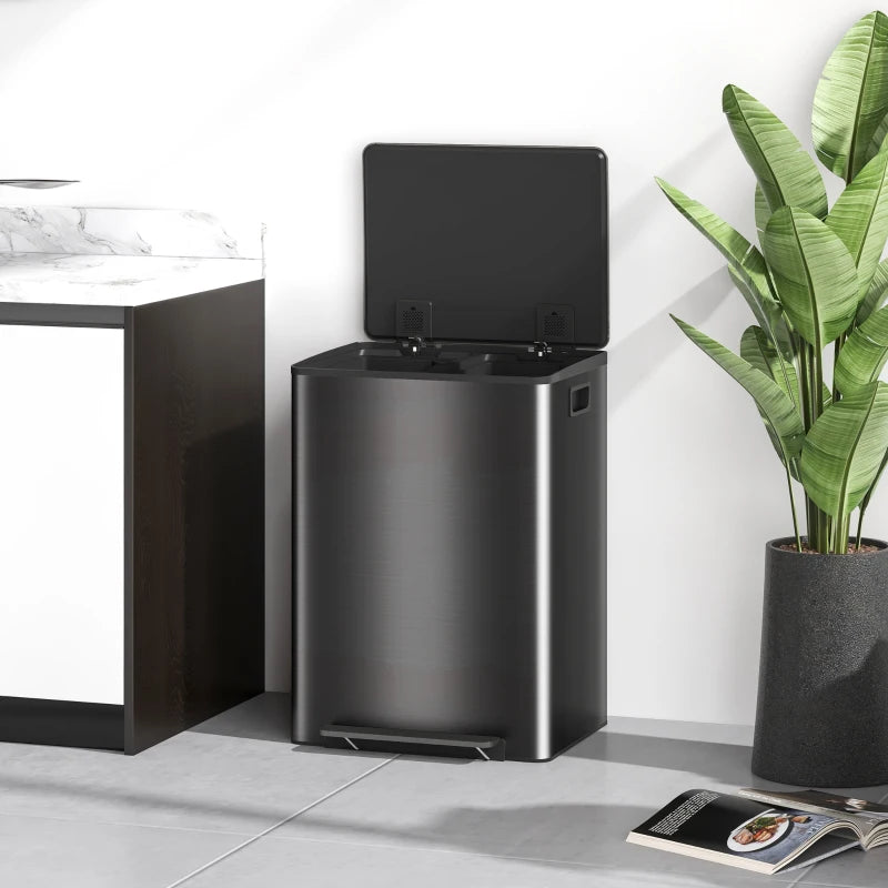 60L Dual Compartment Stainless Steel Trash Bin with Deodoriser Holders - Stylish Black Waste Management Solution