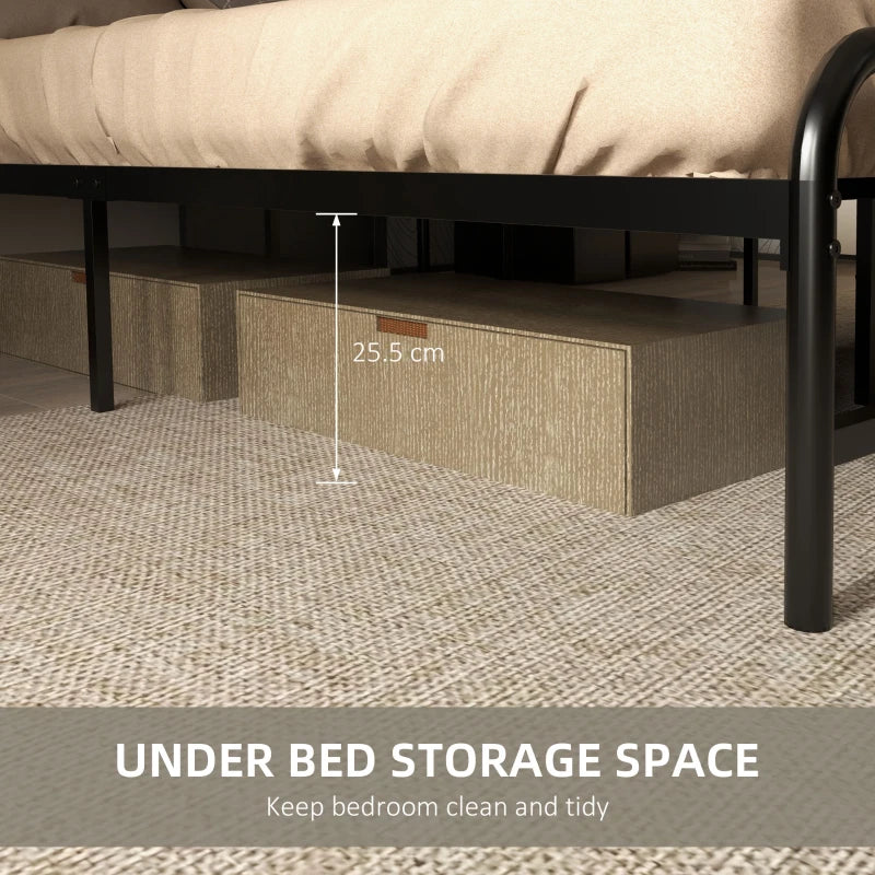 4.8ft Double Bed Frame with Industrial Wood Headboard & Steel Slat Support, 25.5cm Underbed Storage, Rustic Brown, 145x199cm