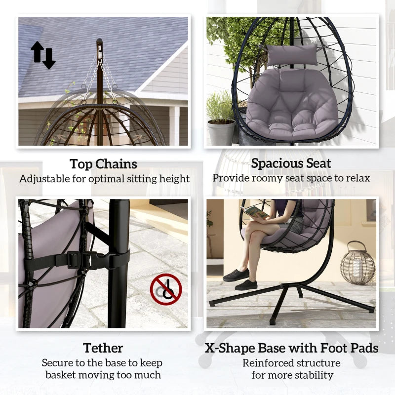 Hanging Egg Chair - Grey Outdoor Indoor Garden Swing Chair with Stand, Thickened Cushion & Headrest - Folding Basket for Patio & Balcony