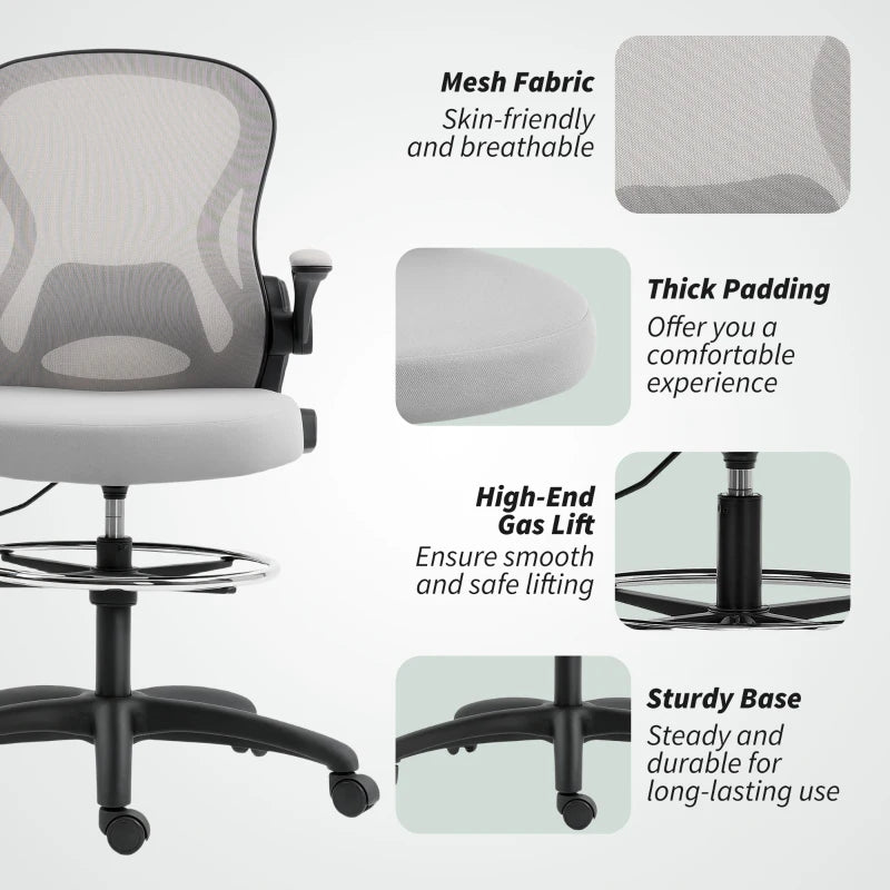 Vinsetto Adjustable Mesh Standing Desk Chair - Flip-up Armrests, Lumbar Support, Adjustable Footrest, Grey - Ergonomic Office Seating