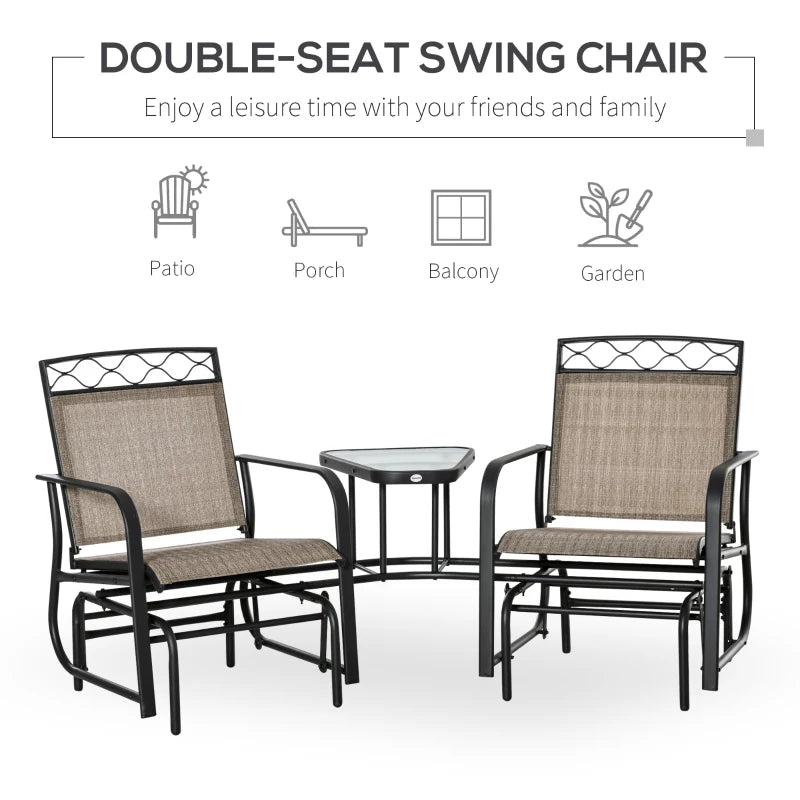 Brown Double Patio Glider Chair with Table - Outdoor 2 Seater Rocking Bench
