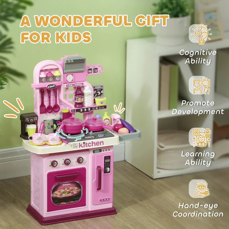 Kids Play Kitchen Set with 33 Accessories Lights Sounds Storage for Ages 3-6 Pink
