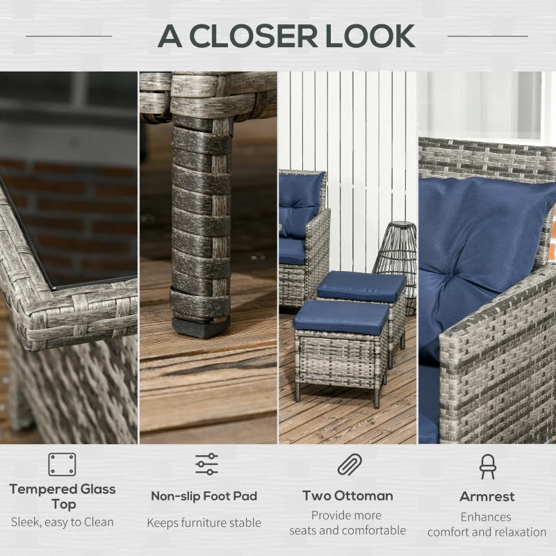 8-Seater Rattan Corner Sofa With Glass Table & Blue Cushions