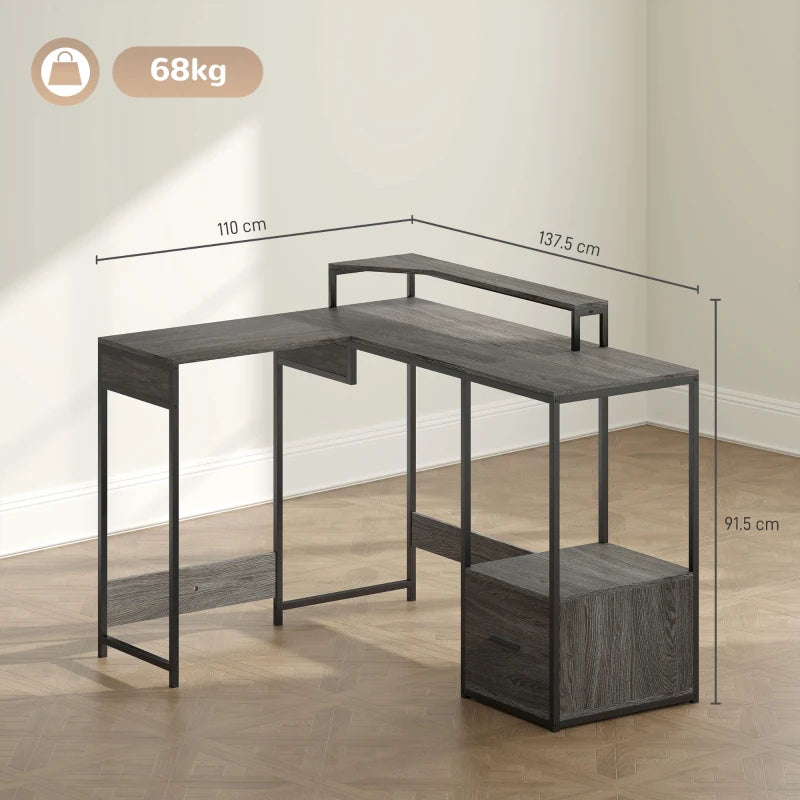 Industrial 'L' Shaped Multi-Work Desk in Charcoal Grey - Modern Office Furniture for Home & Workspace