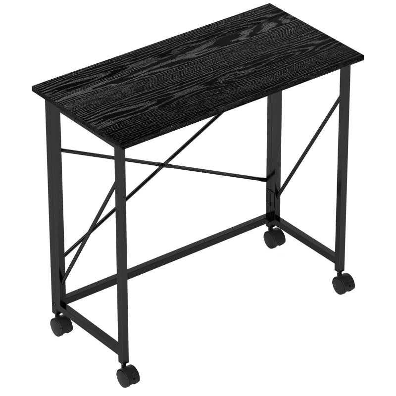 Compact 80 cm Folding Desk on Wheels - Versatile Black Mobile Workstation for Home Office, Study, and Small Spaces