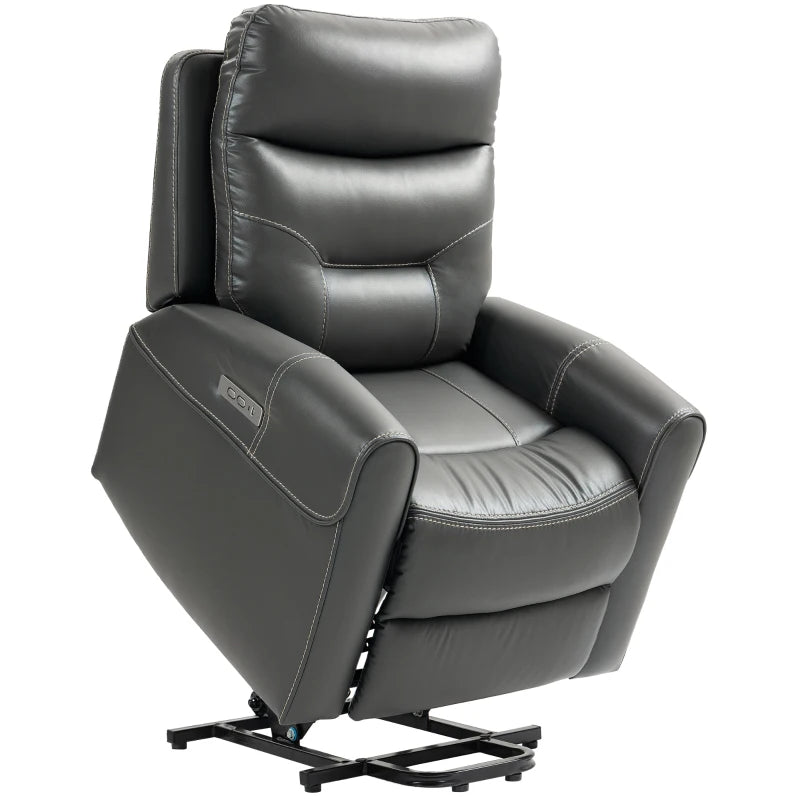 Power Lift Recliner Chair for Elderly - Overstuffed Faux Leather Armchair with USB Ports and Remote Control in Charcoal Grey