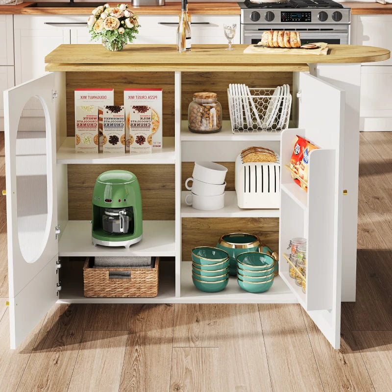 360° Rotating Bar Table with Storage Shelves & Metal Handles - Multi-Functional Dining Table & Sideboard, White, 204L x 39W x 105H cm