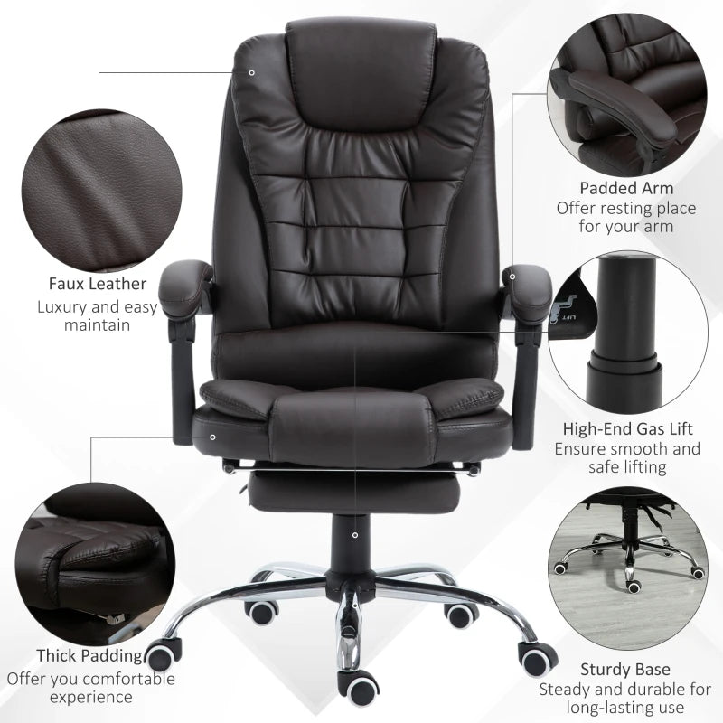 PU Leather Executive Office Chair - High Back Swivel with Retractable Footrest, Adjustable Height & Reclining Function in Brown