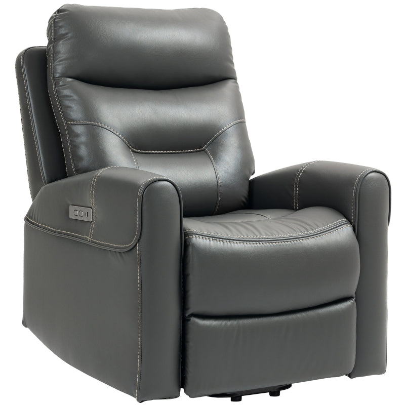 Power Lift Recliner Chair for Elderly - Overstuffed Faux Leather Armchair with USB Ports and Remote Control in Charcoal Grey
