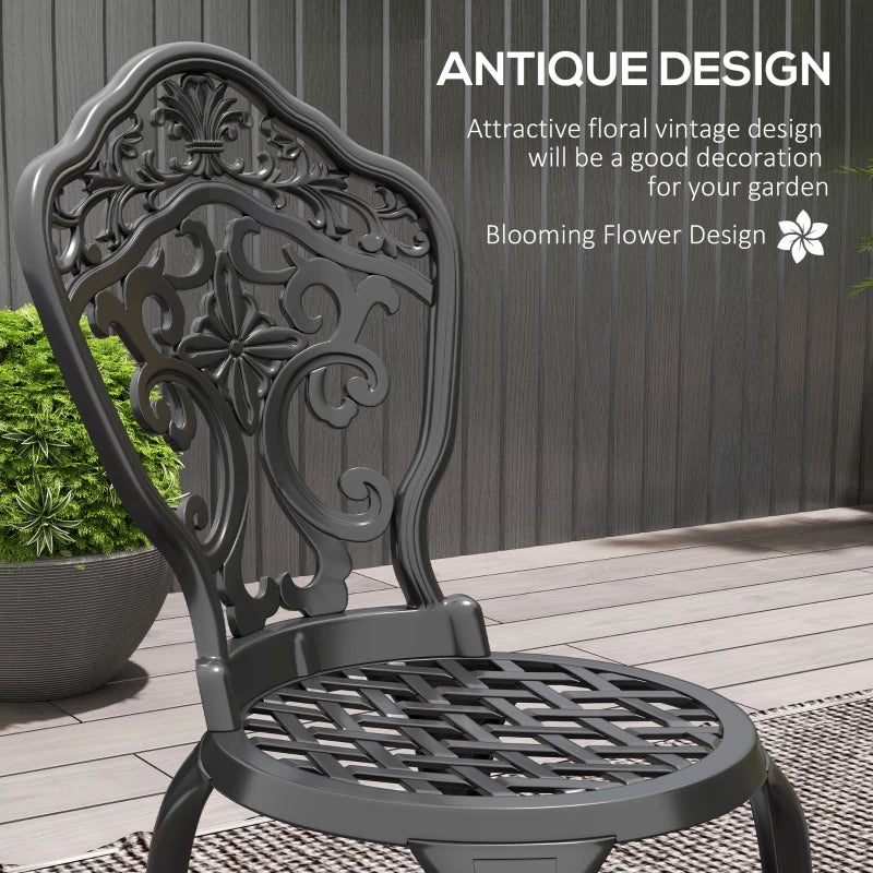 3 Piece Black Cast Aluminium Garden Bistro Set for 2 - Outdoor Coffee Table Set with Parasol Hole, Includes 2 Armless Chairs and Round Coffee Table for Balcony and Patio