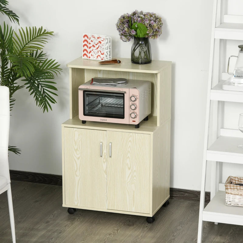 Modern Oak Kitchen Storage Unit - Microwave Stand Trolley Cart with Locking Wheels & Shelf for Living Room/Dining Room