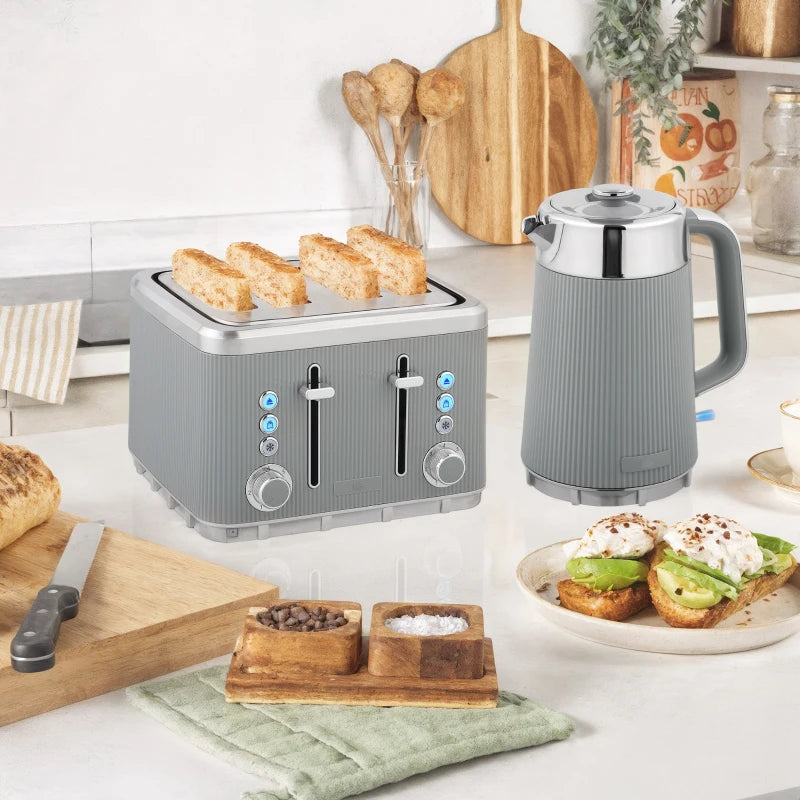 Electric Stainless Steel Kettle & Toaster Set - 3000W Fast Boil 1.7L Kettle with Limescale Filter & 4 Slice Toaster in Taupe