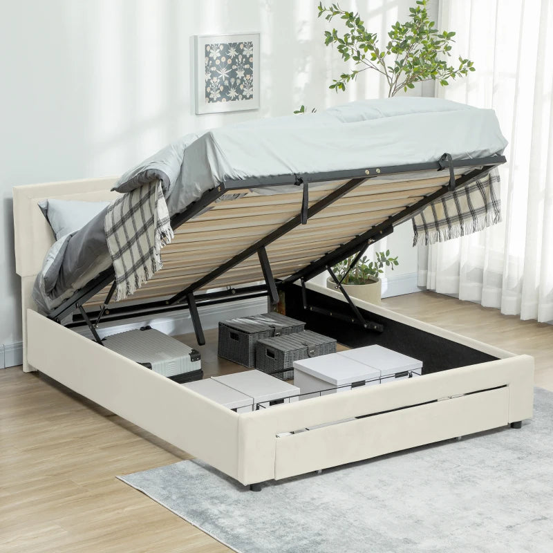 Cream Double Ottoman Bed Frame with Front Drawer for Stylish Storage Solutions