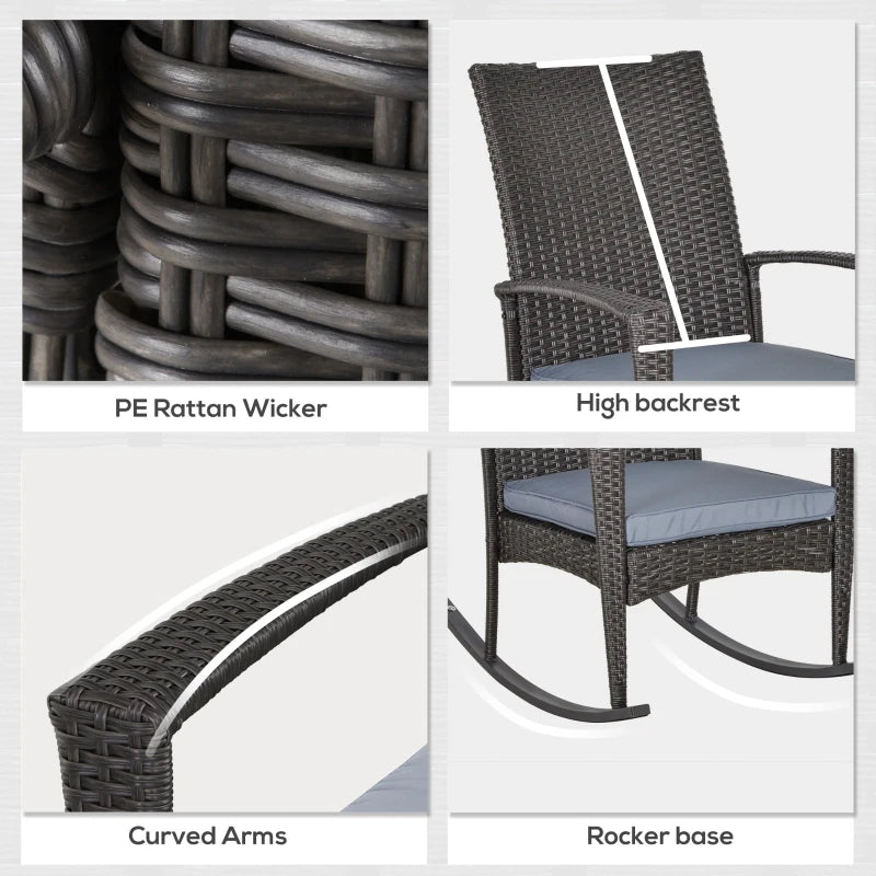 Grey Rattan Garden Rocking Chair Set with Armrest and Cushion