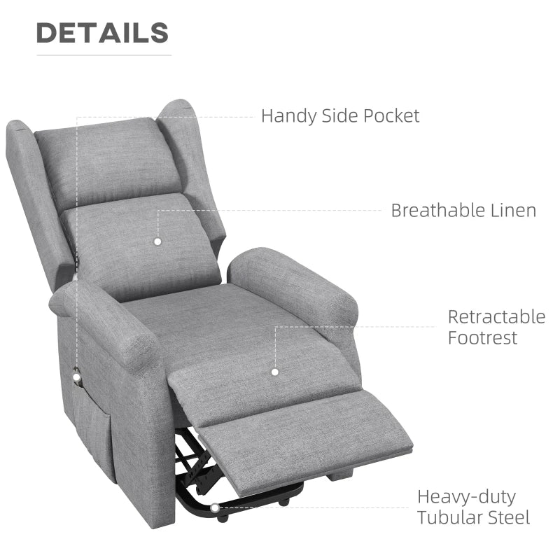 Electric Lift Recliner Armchair for Elderly - Fabric Riser Chair with Remote, Side Pockets, Extended Footrest, Grey