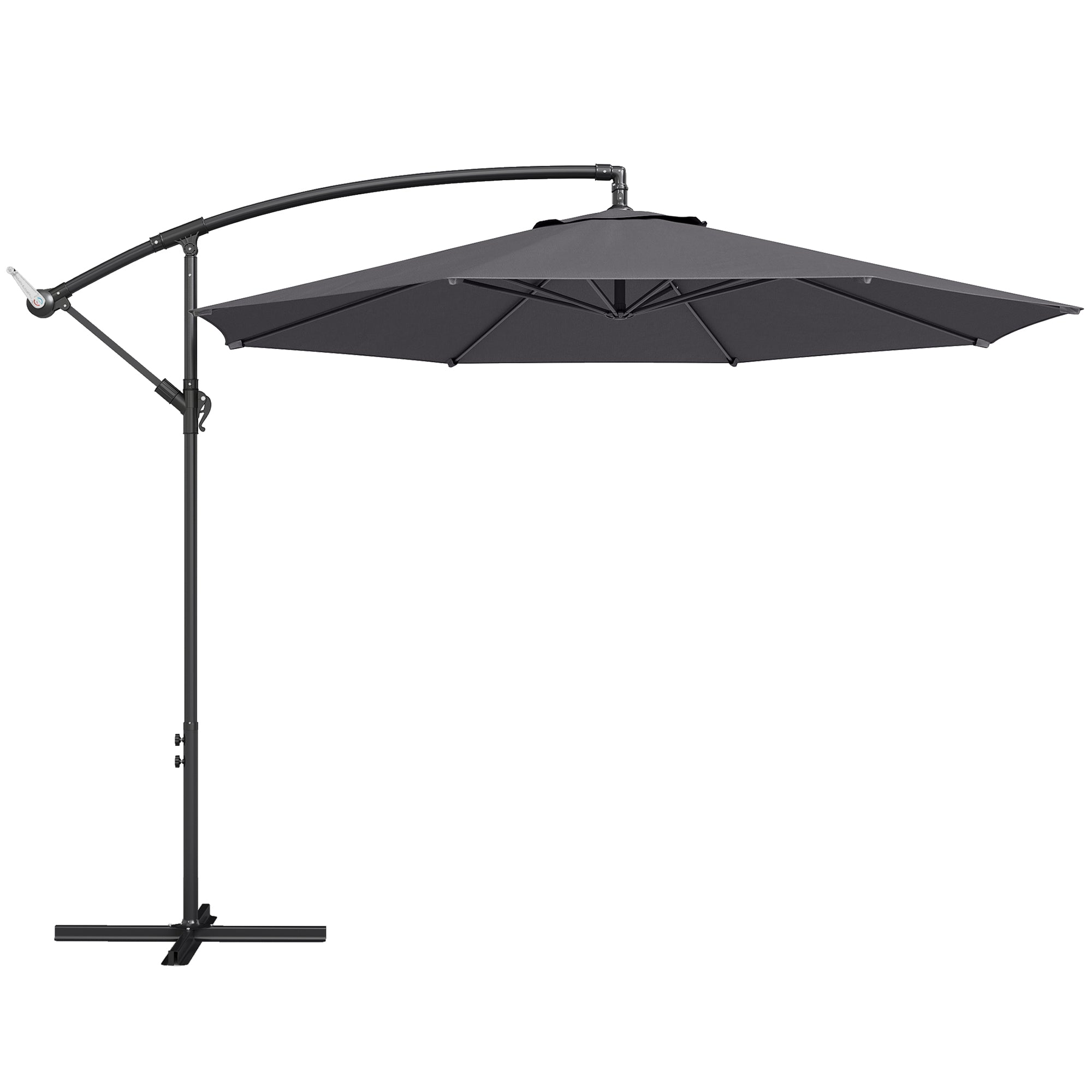 3m Overhang Cantilever Garden Parasol with Steel Frame, 8-Rib Support & Cross Base – Easy Crank Shade Umbrella (Grey)