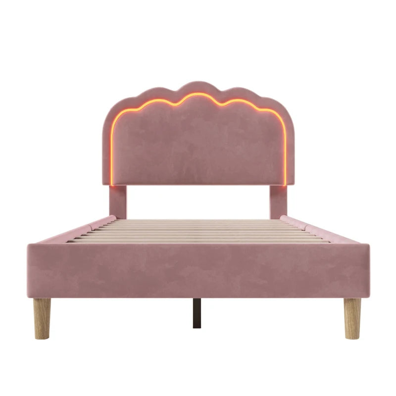 Pink Upholstered Single Bed with LED Adjustable Headboard, Velvet Frame, Wooden Slats, Easy Assembly, 197L x 101W x 109H cm