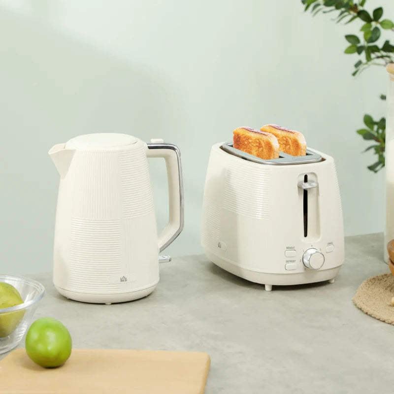 Cream White Kettle and Toaster Set - 1.7L Fast Boil Kettle & 2 Slice Toaster with 7 Browning Levels, Defrost & Reheat