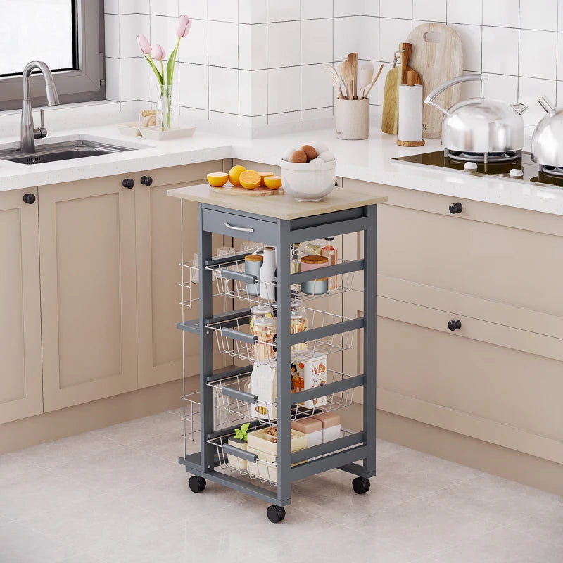 Rolling Kitchen Cart with 4 Basket Drawers & Side Racks - Utility Storage on Wheels for Dining Room - Grey
