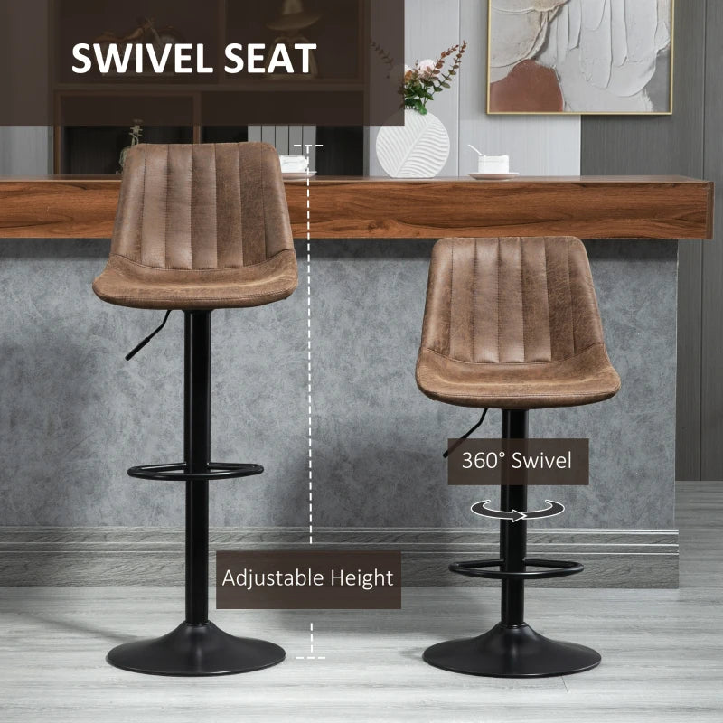 Set of 2 Swivel Bar Stools with Back - Adjustable Counter Height Chairs for Kitchen Island, Brown with Steel Footrest