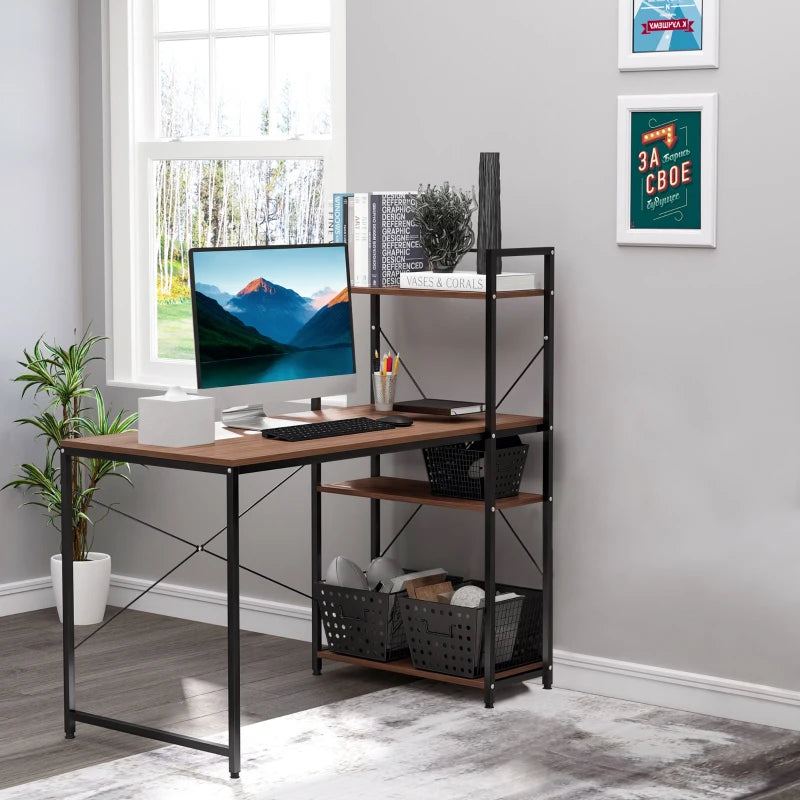 Industrial Reversible Computer Desk with Storage Shelves - Home Office Writing Desk, Easy Assembly, Walnut & Black, 120x64x121cm
