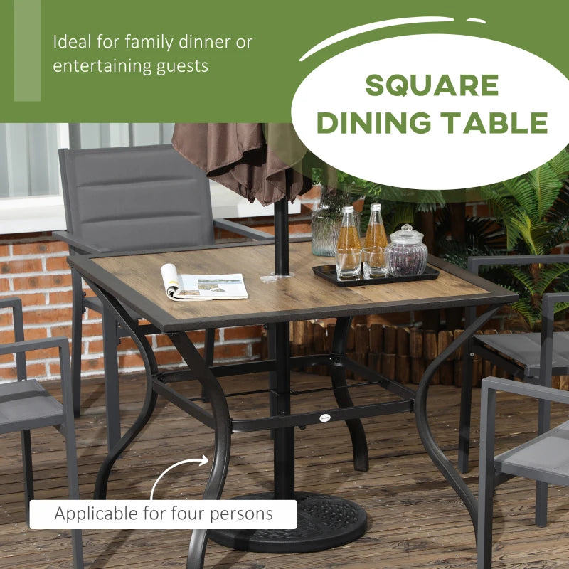 Brown Outdoor Dining Table for 4 with Parasol Hole, Stone-Grain Effect Top