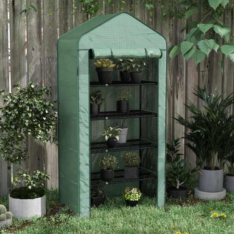 Portable Green 5-Tier Mini Greenhouse with Roll-Up Door, 193H x 90W x 49Dcm