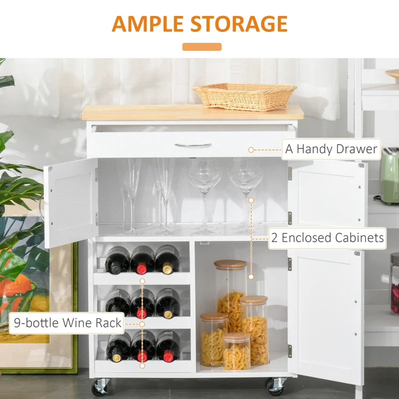 Modern Kitchen Trolley - Rolling Storage Cart with Drawer, 9-Bottle Wine Rack, Door Cabinets & Wooden Countertop in White