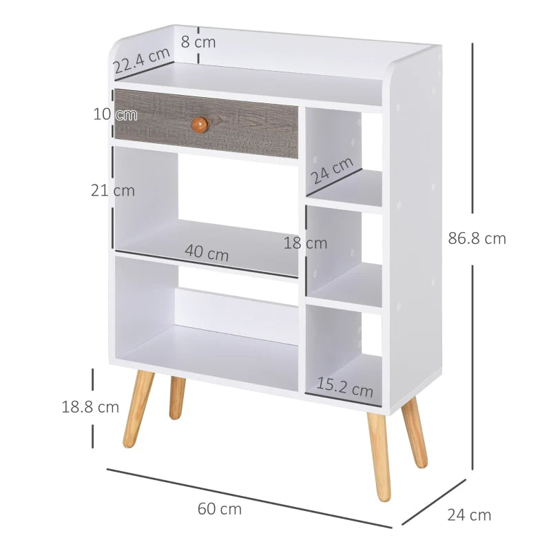 Freestanding Bookcase with Storage Drawer - 6 Shelves, Wood Legs, White & Grey - Home Office Display, 24D x 60W x 86.8H cm