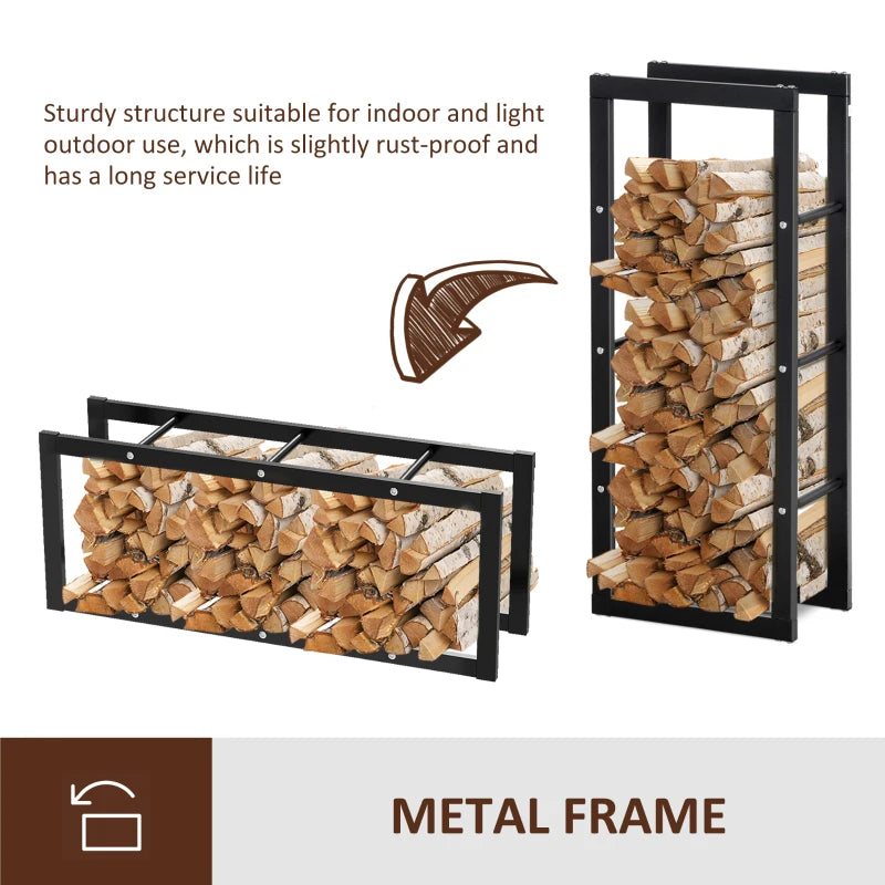 Tall Metal Firewood Log Holder Rack - Indoor/Outdoor Fireplace Wood Storage Shelf, Rust-Resistant, Black, 40W x 25D x 100H cm