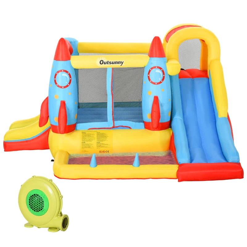 Inflatable Bounce Castle Trampoline Slide Pool Rocket Design 3.4m x 2.8m x 1.85m for Kids Outdoor Fun