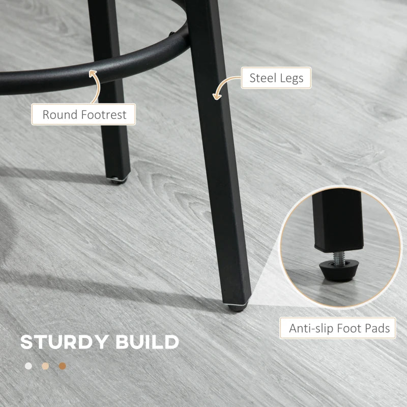 Set of 2 Industrial Bar Stools - 65cm High Rustic Brown Kitchen Chairs with Sturdy Steel Frame