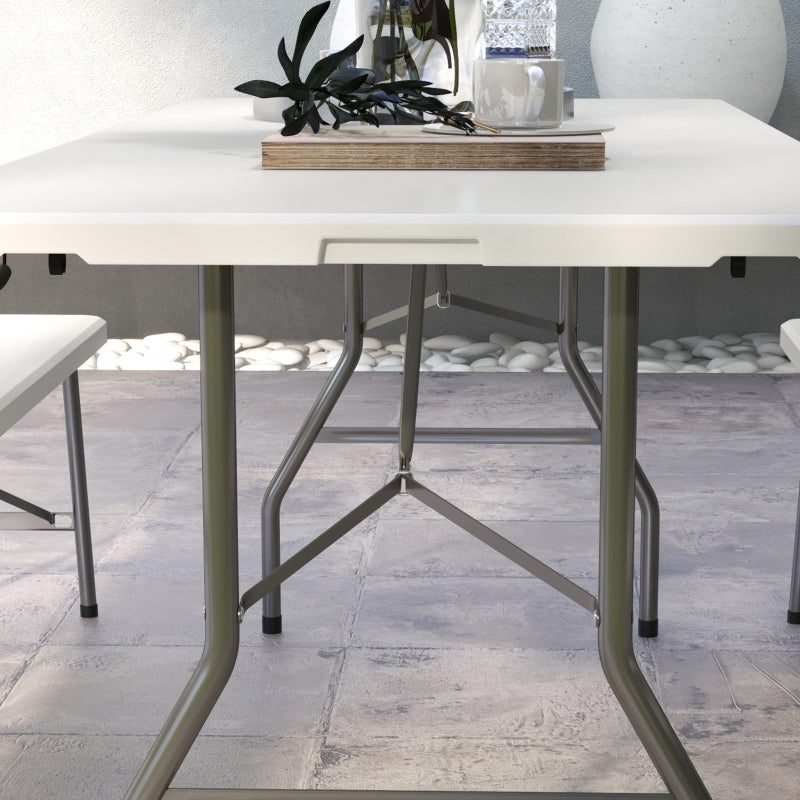 180 x 75cm Folding Garden Table - Outdoor HDPE Picnic Table for 6 - Rectangular White Patio Table with Metal Frame