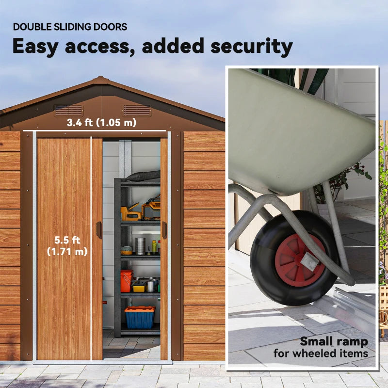 6ft x 8ft Garden Storage Shed with Sliding Door - Durable Brown Wood Effect Outdoor Storage