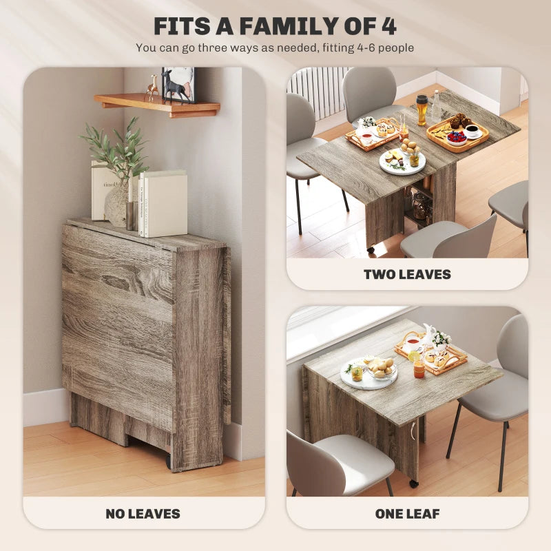 Folding Drop Leaf Dining Table with 2-Tier Shelves & Rolling Casters - Space-Saving Grey Table for Kitchen & Small Spaces