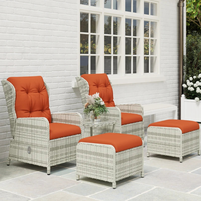 5-Piece Orange Rattan Bistro Set - Adjustable Back Reclining Wicker Balcony Furniture with Cushions, Glass Top Coffee Table and Footstools - Outdoor Table and Chairs