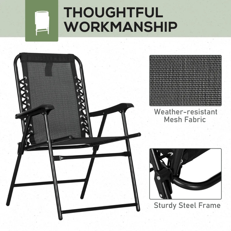 Black Folding Outdoor Patio Chairs Set, 2 Pcs, Armrests, Steel Frame
