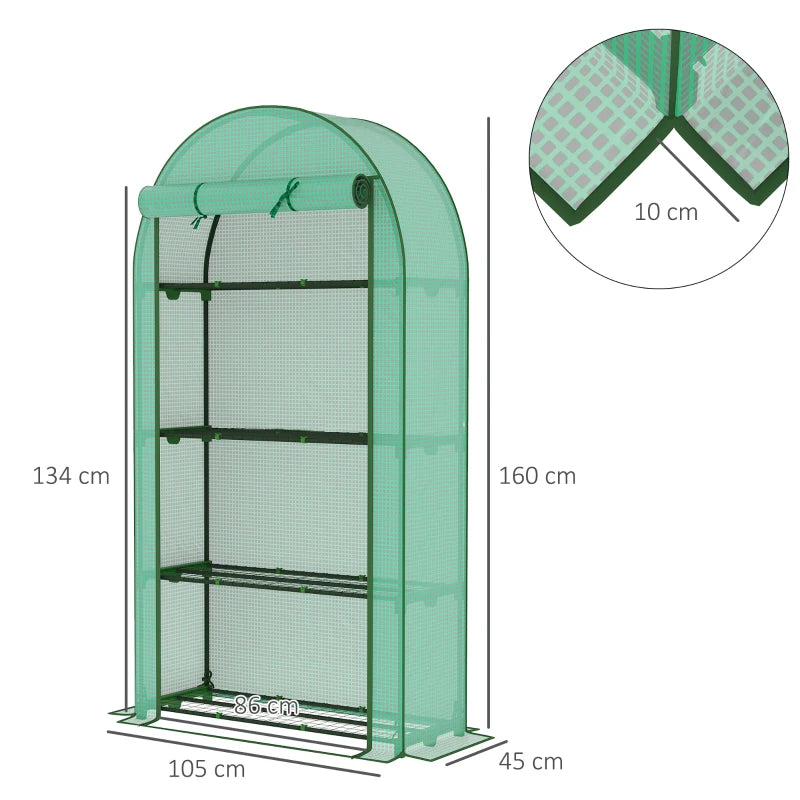 4 Tier Portable Mini Greenhouse with Reinforced PE Cover, Roll-Up Door, 105 x 45 x 160 cm, Green