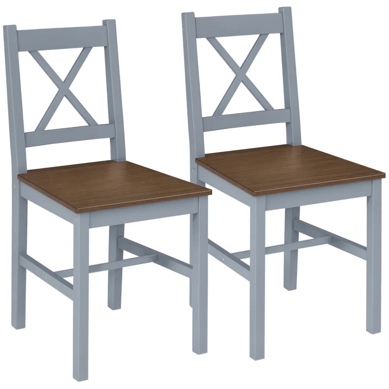 Set of 2 Grey Pine Wood Dining Chairs with Cross Back Design - Solid Kitchen & Living Room Seating