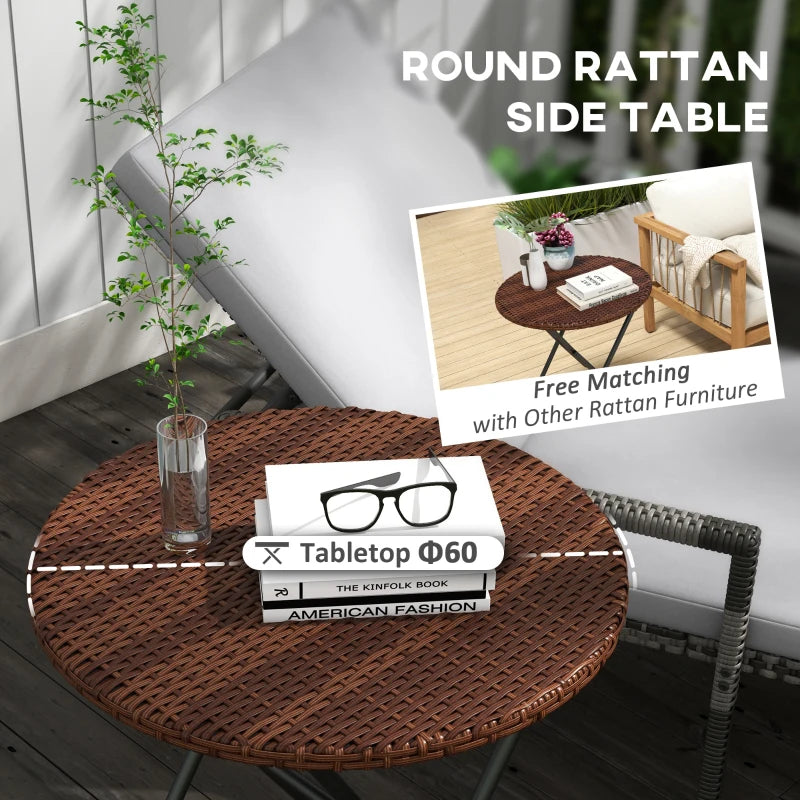 Foldable Rattan Outdoor Coffee Table - Metal Frame, Round Side Table, Mixed Brown