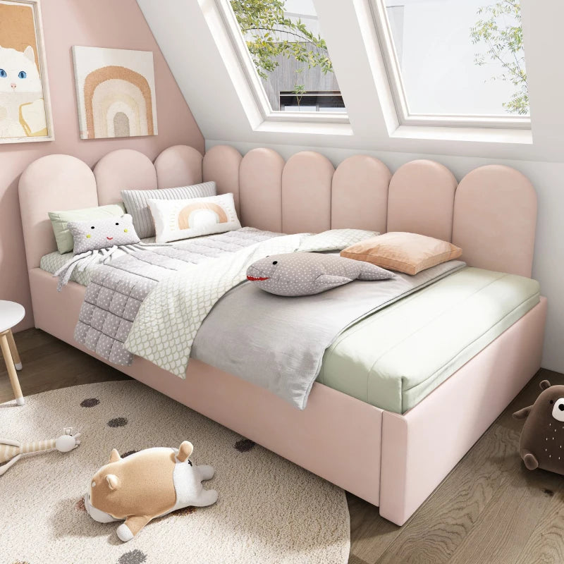 Pink Upholstered Daybed with Pull-Out Bed, 3FT Single Sofa Bed, Metal Slatted Frame, Easy Assembly, 193L x 97W x 76H cm