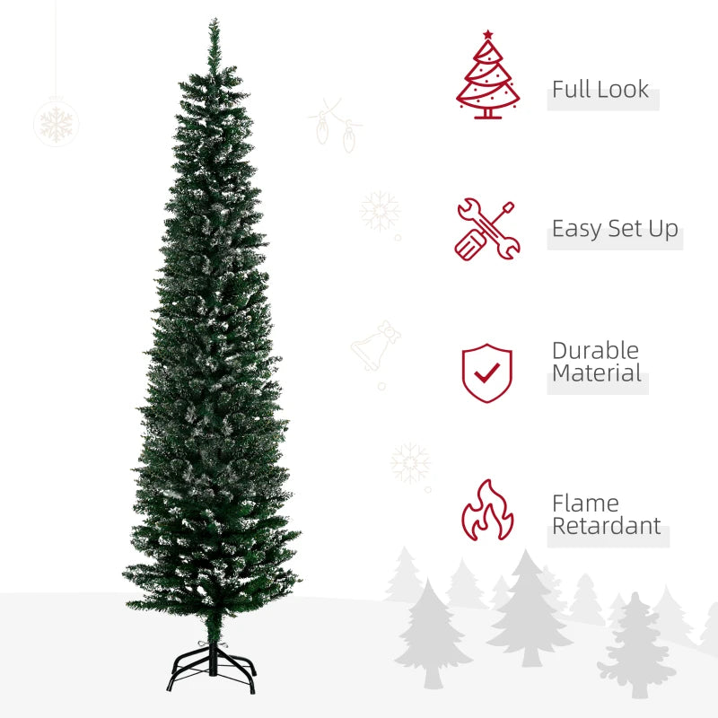 6FT Snow Dipped Christmas Pencil Tree - Foldable Black Stand, Green Holiday Indoor Decoration for Festive Home Decor