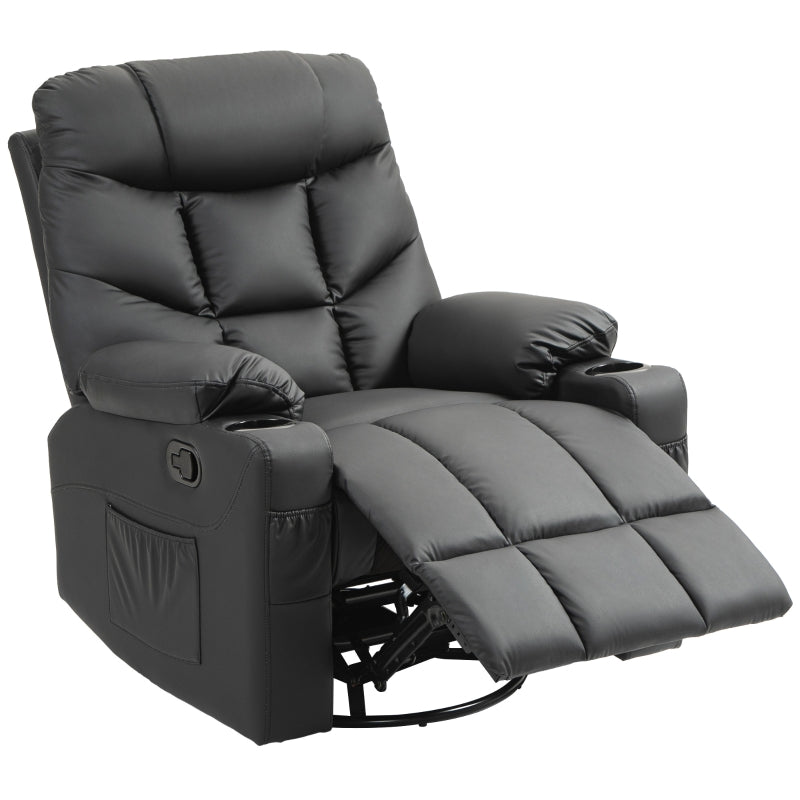 Manual Reclining Armchair with Swivel, Faux Leather, Footrest and Cup Holders - Black, 86x93x102cm