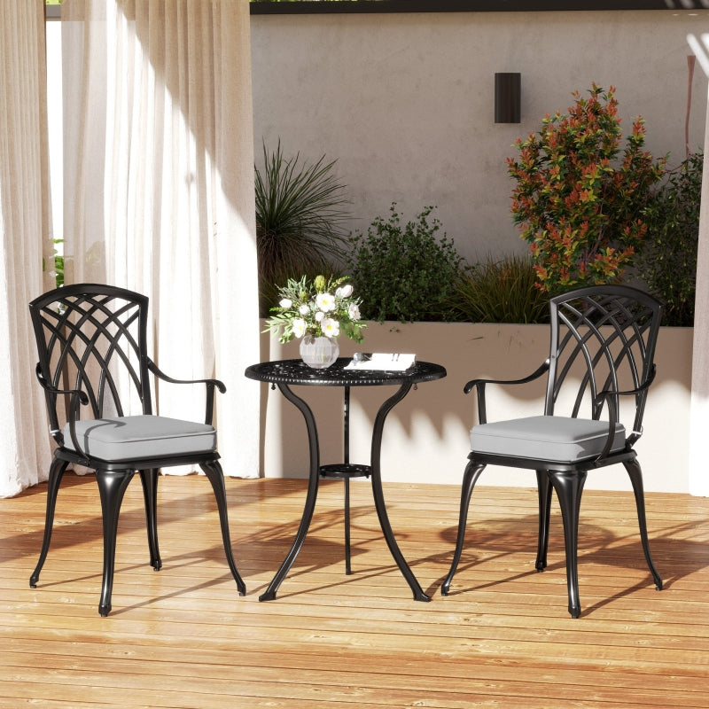 3 Piece Black Cast Aluminium Garden Bistro Set for 2 - Outdoor Coffee Table Set with Cushions, Rust Resistant, Parasol Hole, Perfect for Patio and Balcony