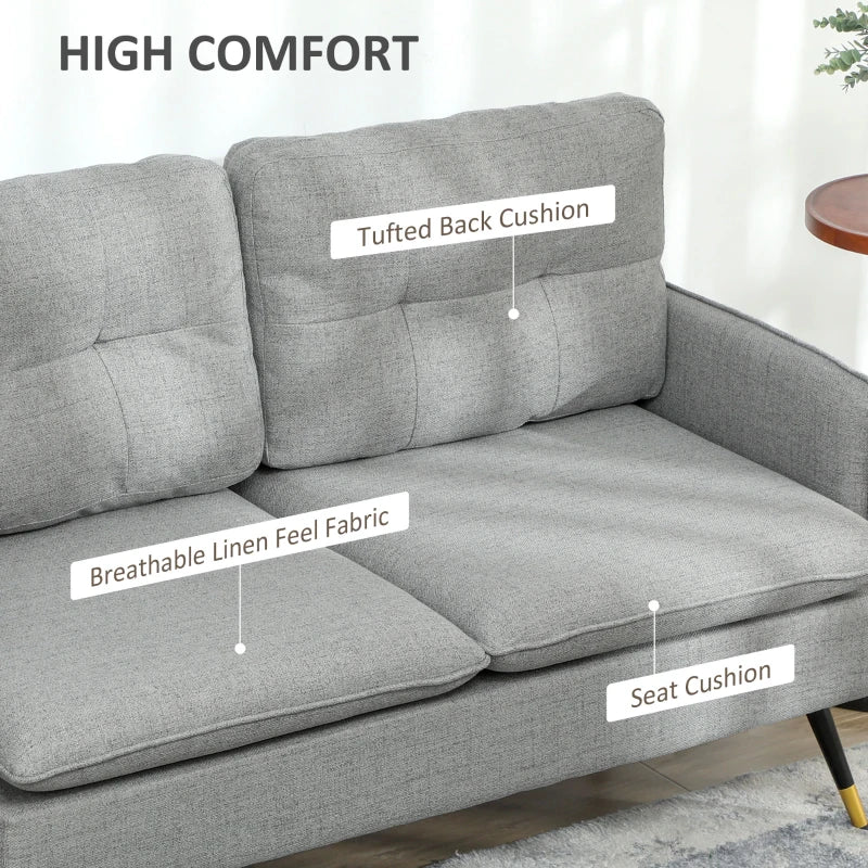 Modern Grey Two-Seater Sofa with Button Tufting and Cushions for Living Room or Guest Room