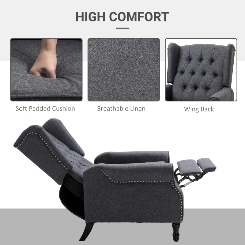 Vintage Wingback Recliner Armchair with Nail Head Trim and Footrest for Living Room in Dark Grey