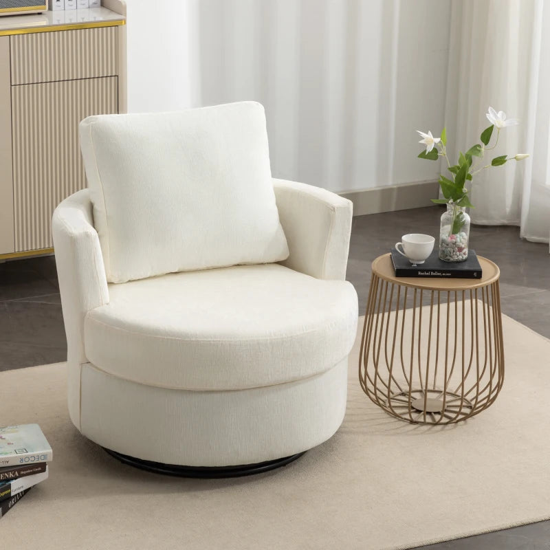 Ivory Chenille Swivel Recliner with Back Cushion, Thick Foam Padding and 360° Rotation, 83x78.5x86 cm