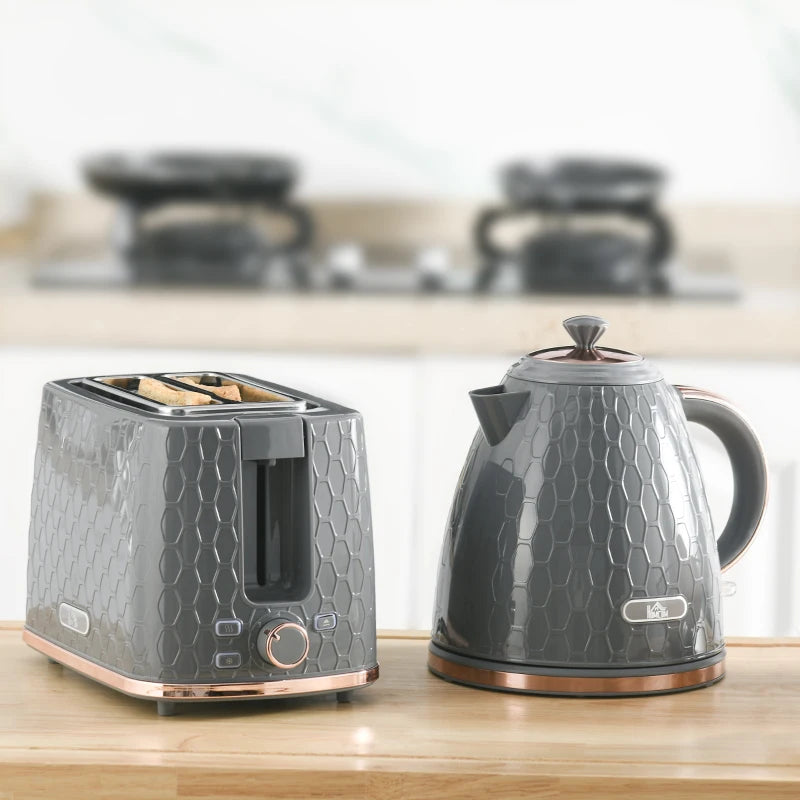 1.7L 3000W Fast Boil Kettle & 2 Slice Toaster Set - Auto Shut Off, Browning Controls, Stylish Grey Finish