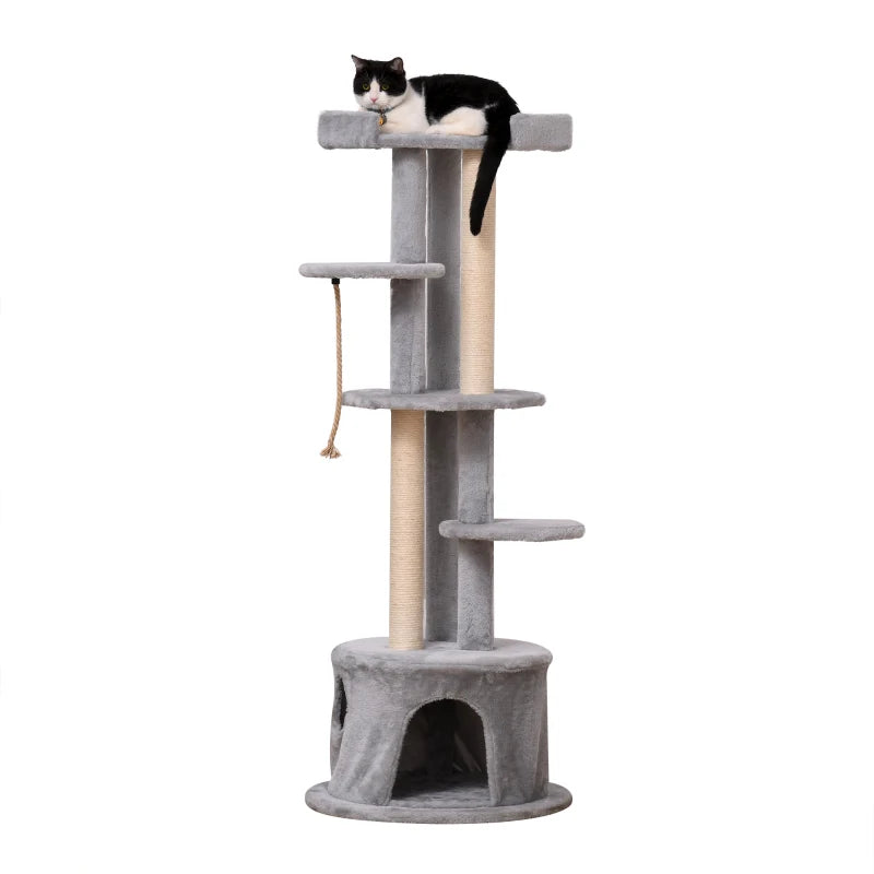 Multi-Level Cat Tree for Indoor Cats - Plush Kitten Tower with Scratching Post, Condo, and Hanging Ropes - Grey Pet Furniture